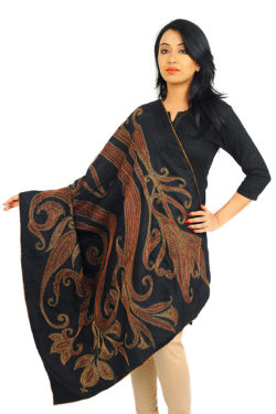 Jamawar style black Kantha stitch silk shawl