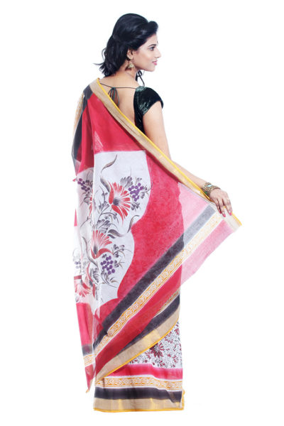 Kalamkari block printed hand-painted cotton saree red, black and white - back view
