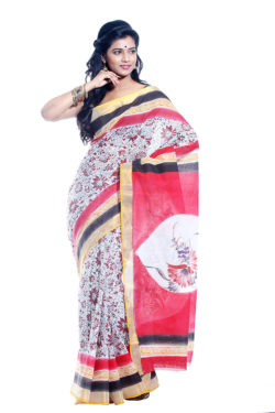 Kalamkari block printed hand-painted cotton saree red, black and white - front view