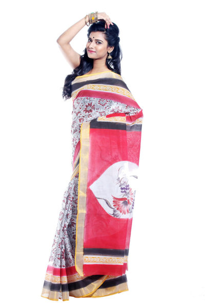 Kalamkari block printed hand-painted cotton saree red, black and white - side view