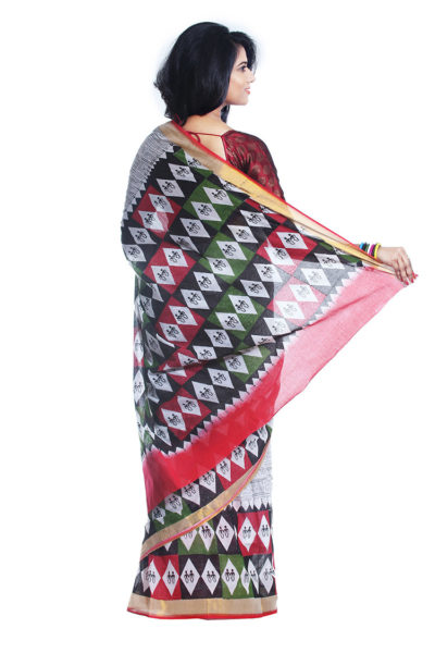 Kerala block printed cotton saree black, white, red and green - back view