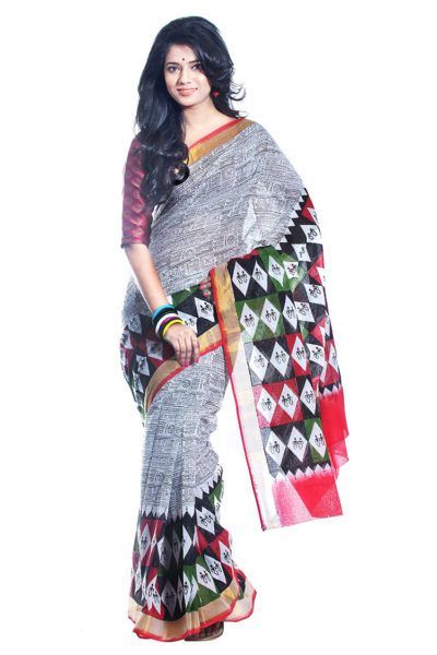 Kerala block printed cotton saree black, white, red and green - front view