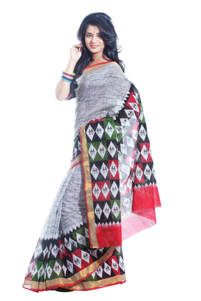 Kerala block printed cotton saree black, white, red and green - side view