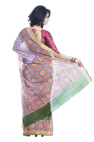 Kerala block printed cotton saree green and white - back view