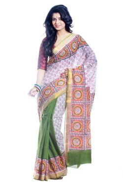 Kerala block printed cotton saree green and white - front view
