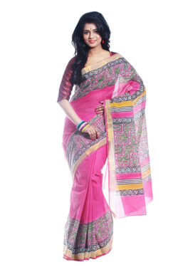 Kerala block printed cotton saree pink, yellow and grey - front view