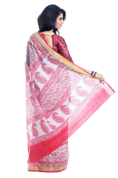 Kerala block printed cotton saree red and white - back view