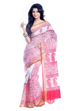 Kerala block printed cotton saree red and white - front view