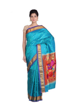 light blue Paithani silk saree with navy blue border