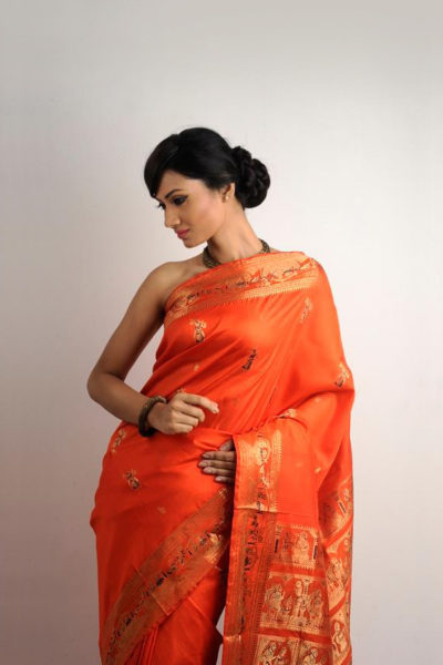 Light Orange Baluchari Silk Saree - close-up
