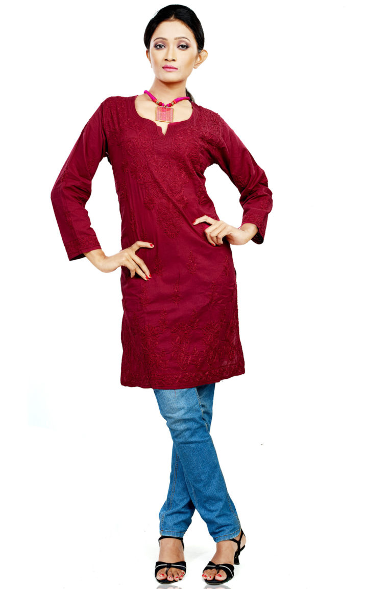 maroon chikan kurti