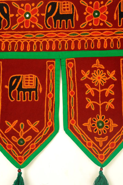 maroon Gujarati embroidered toran door hanging - close up