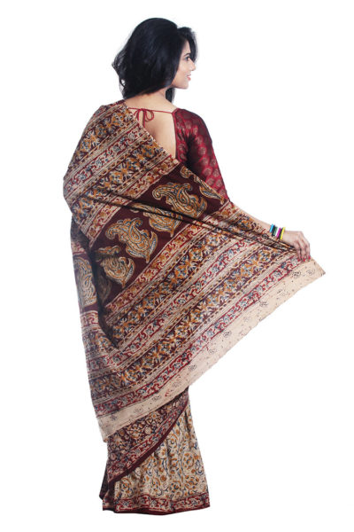 maroon Kalamkari block printed cotton saree - back view