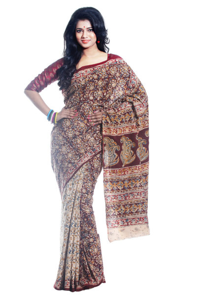 maroon Kalamkari block printed cotton saree - front view