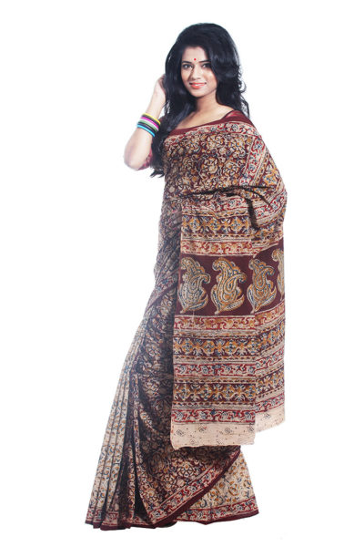 maroon Kalamkari block printed cotton saree - side view