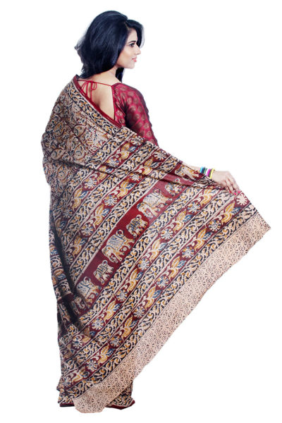 maroon Kalamkari patli pallu cotton saree - back view