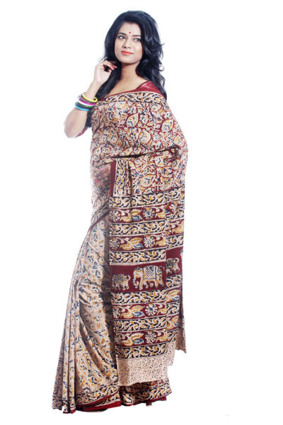 maroon Kalamkari patli pallu cotton saree - side view