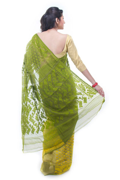 mehendi green-lime yellow half-half dhakai jamdani muslin saree - back view