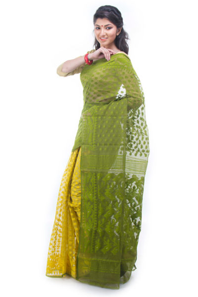 mehendi green-lime yellow half-half dhakai jamdani muslin saree - side view