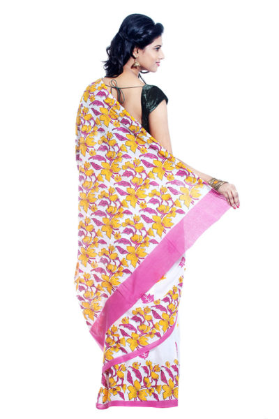 Mulmul handwoven block printed floral cotton saree - back view
