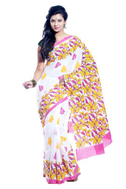 Mulmul handwoven block printed floral cotton saree - front view