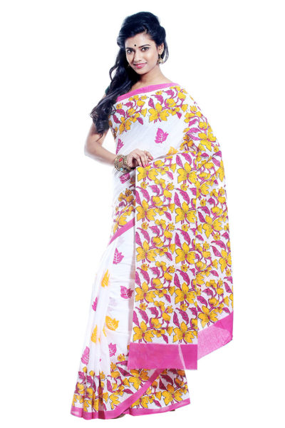 Mulmul handwoven block printed floral cotton saree - side view