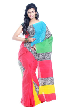 Mulmul handwoven cotton multicolour saree - front view