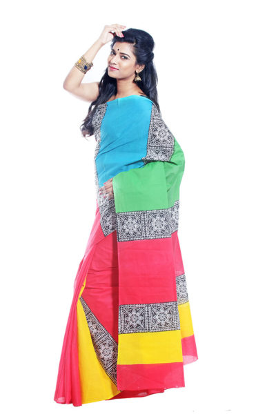 Mulmul handwoven cotton multicolour saree - side view