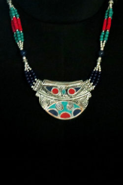 multi-color beaded necklace with gunmetal pendant