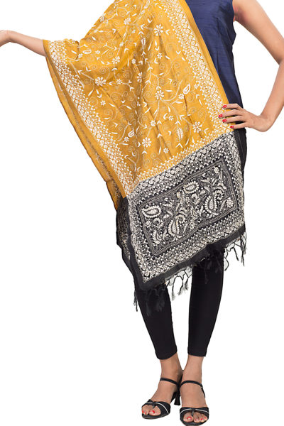 mustard-black Kantha Stitch silk scarf - 1