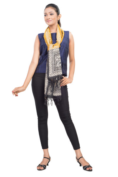 mustard-black Kantha Stitch silk scarf - 2