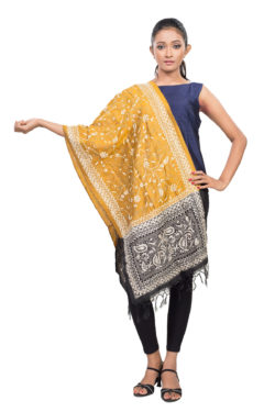 mustard-black Kantha Stitch silk scarf