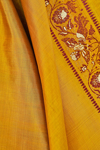 mustard yellow baluchari silk stole - close up