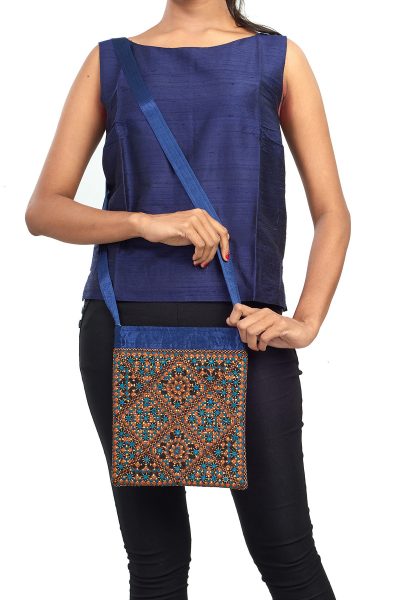 navy blue evening bag with Gujarati embroidery and mirror work - close-up