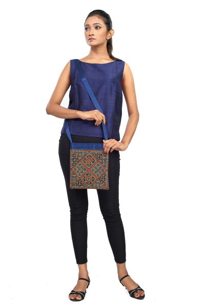 navy blue evening bag with Gujarati embroidery and mirror work - front-view