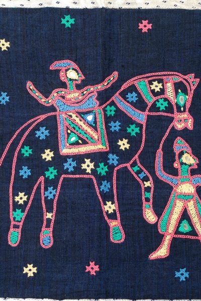 navy blue Gujarati toran door hanging with pink embroidery - close up
