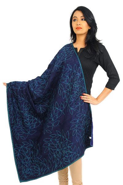 navy blue Kantha Stitch silk shawl