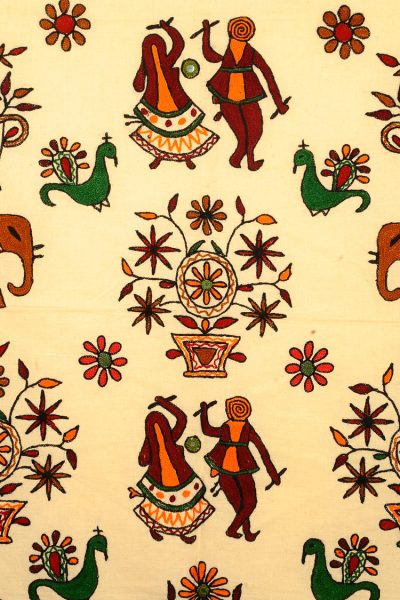 off white Gujarati embroidery wall hanging With mirror work - close up