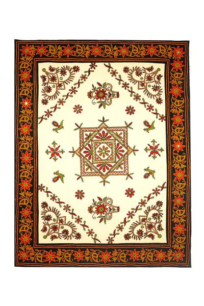off white Gujarati wall hanging With floral embroidery and mirror work