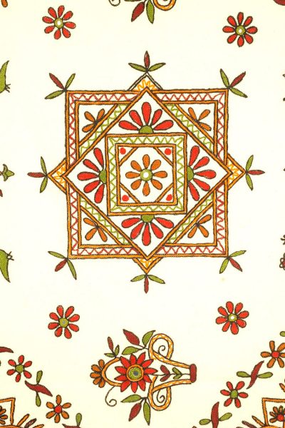 off white Gujarati wall hanging With floral embroidery and mirror work - close up