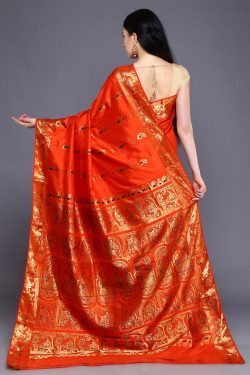 Traditional orange Baluchari silk saree with blouse piece - back
