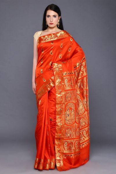 orange Baluchari silk saree with blouse piece - front