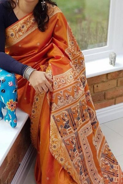 Traditional Orange Minakari Baluchari Silk Saree - Unique Collection