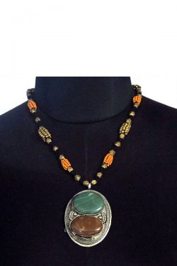 oval gunmetal pendant beaded dokra necklace