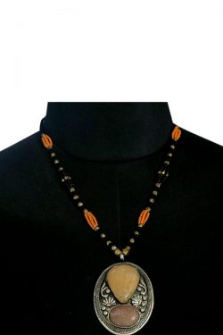 oval gunmetal pendant orange beaded dokra necklace