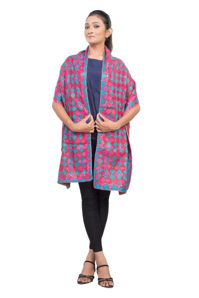 pink and blue phulkari work red cotton stole - 2