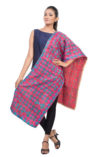 pink and blue phulkari work red cotton stole