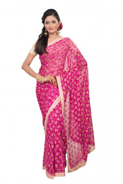 pink chiffon saree phulkari embroidery - front view