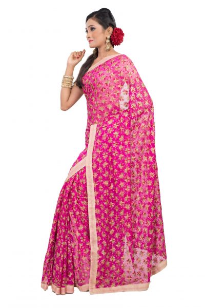 pink chiffon saree phulkari embroidery - side view