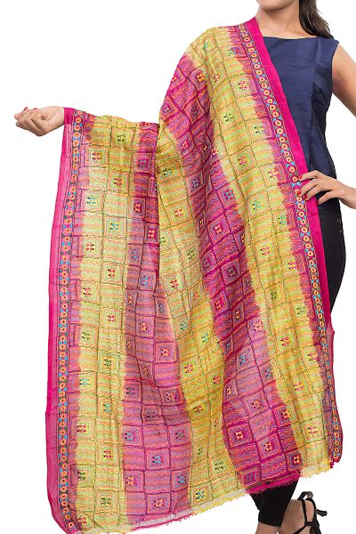 pink-yellow Kantha Stitch silk stole - 1